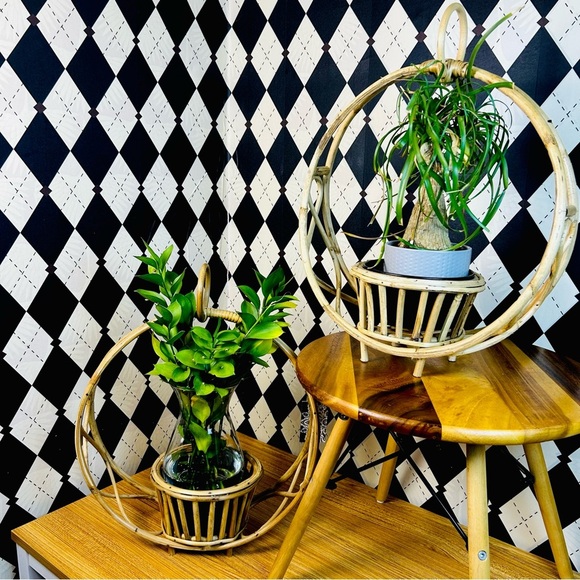 ELABORATE Rattan Planters 22” Pair Circular Frame Boho Coastal Rustic Luxury - Picture 3 of 11